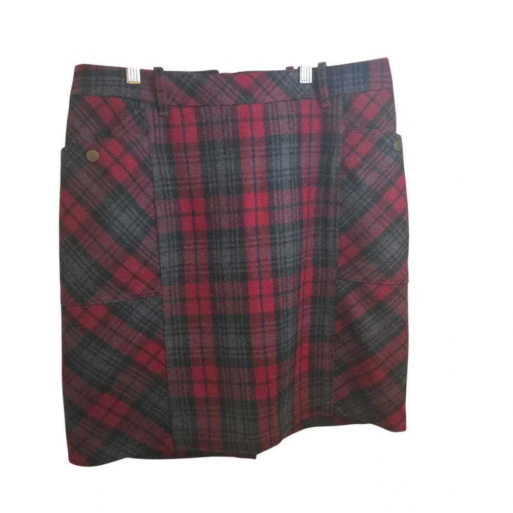 Eddie Bauer Wool Blend Tartan Plaid Mini Skirt‎ TS S Lined Pockets Academia Xmas